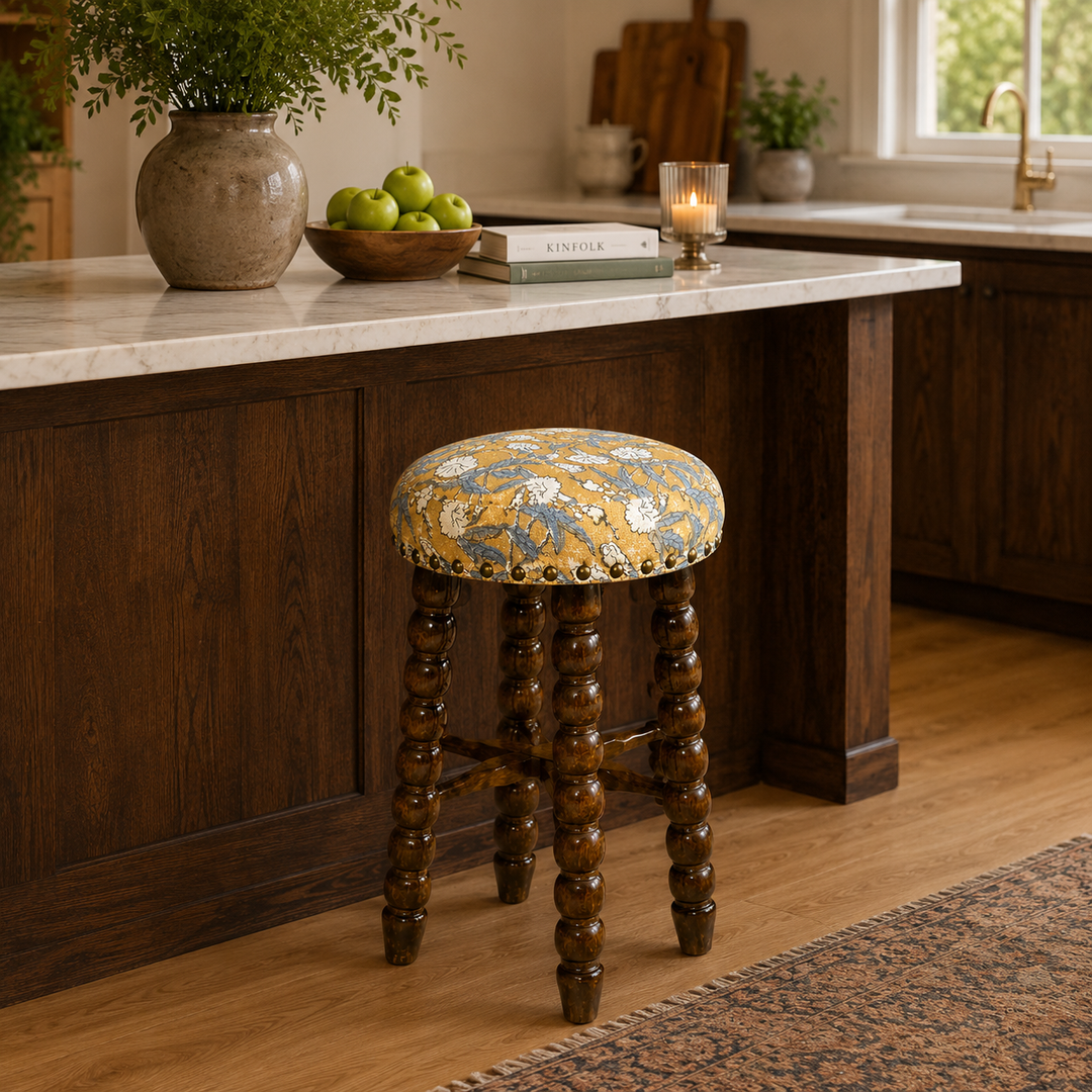 Spindle Upholstered Bar Stool with Solid Acacia Wood