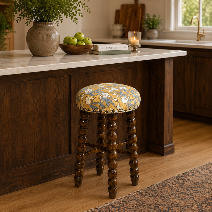 Spindle Upholstered Bar Stool with Solid Acacia Wood