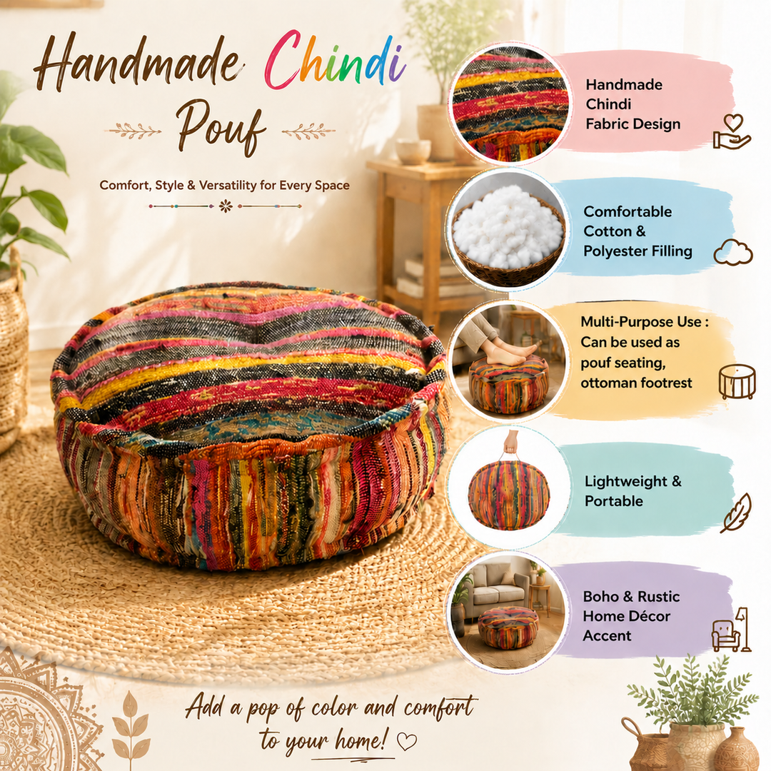 Round Pouf Ottoman | Handmade Floor Cushion Puff Seat, 22x8"