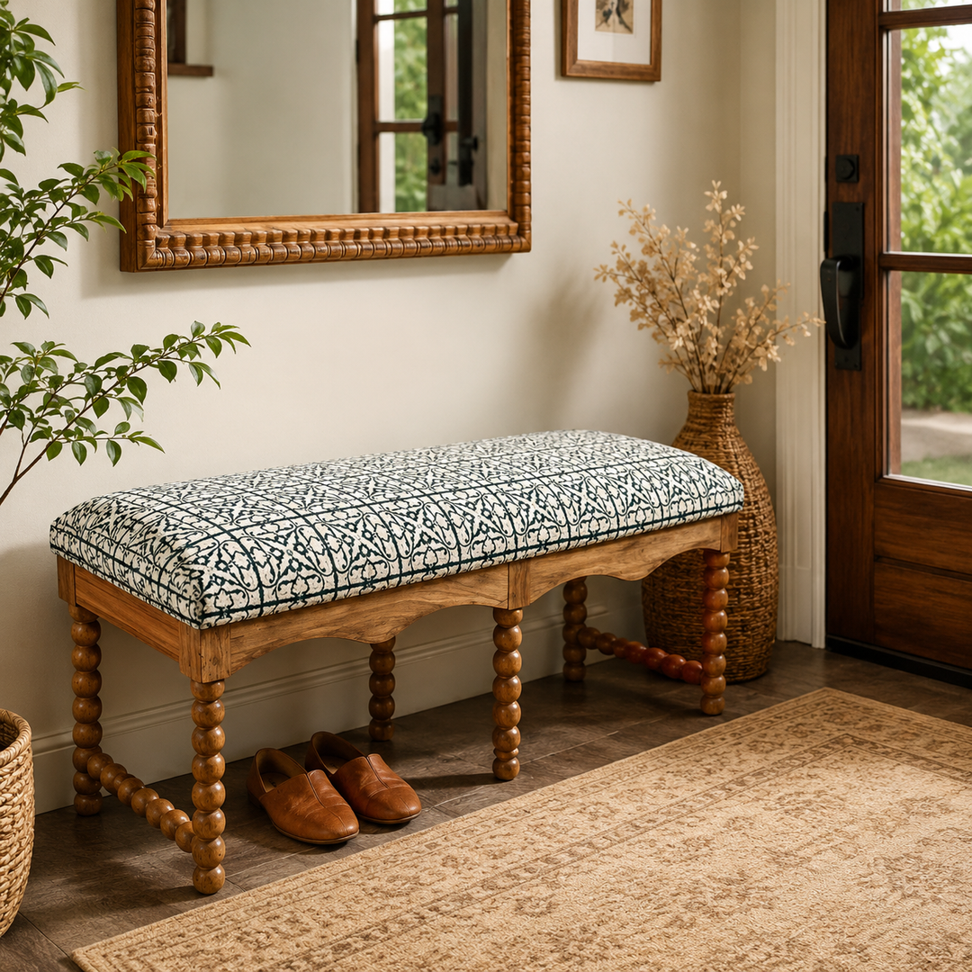 Cotswold Spindle Upholstered Bench with Acacia Wood Frame