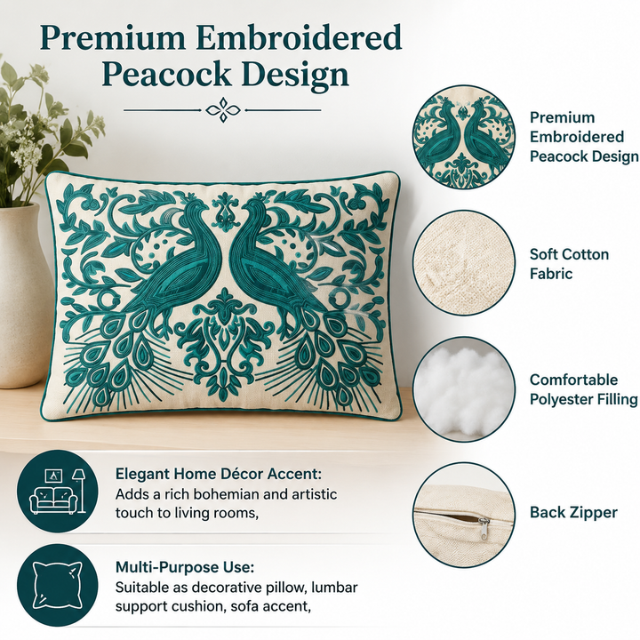 Embroidered Peacock Decorative Pillow with Filler, 16x24x6"