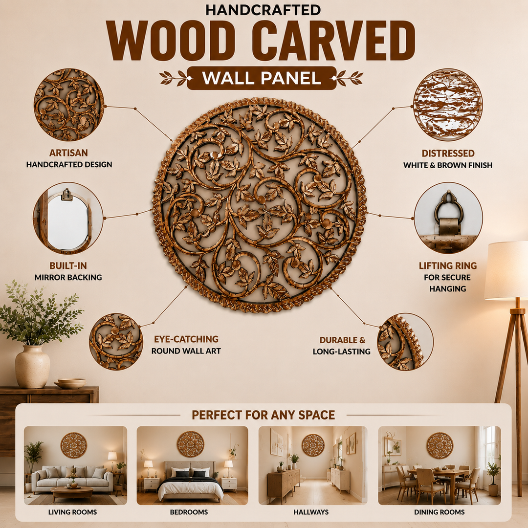 Wall Art | Round Wood Handcarved Wall Panel with Mirror, 36"