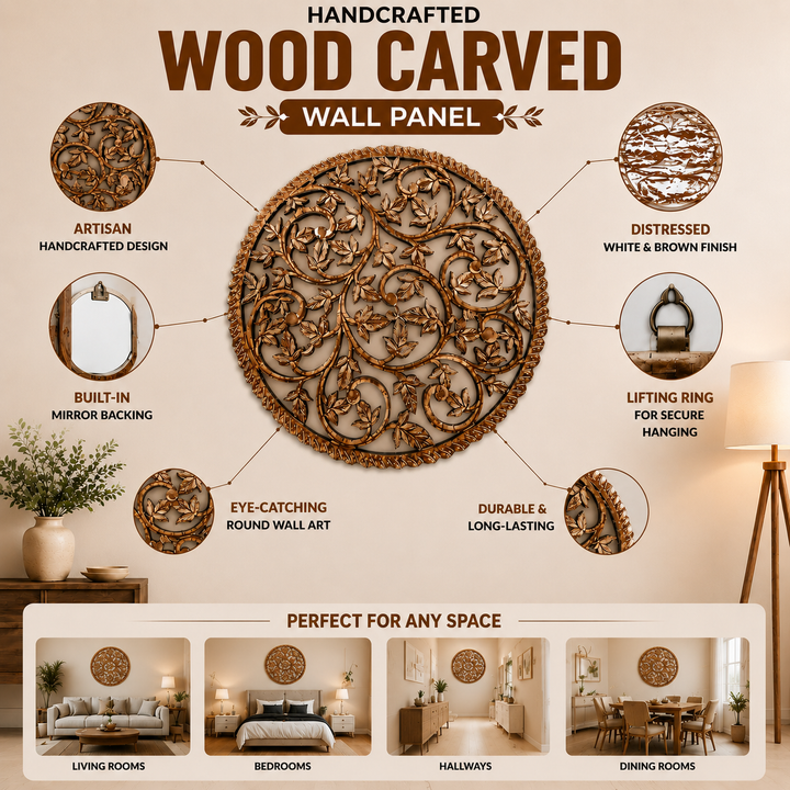 Wall Art | Round Wood Handcarved Wall Panel with Mirror, 36"