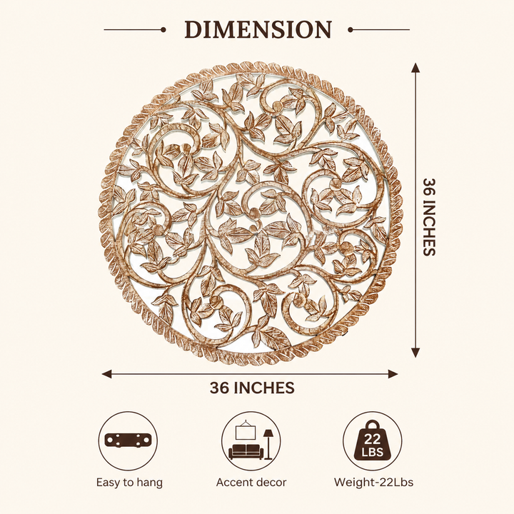 Wall Art | Round Wood Handcarved Wall Panel with Mirror, 36"
