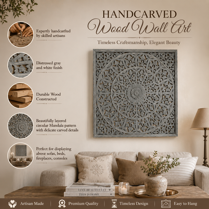 Mandala Wall Decor | Handcarved Wood Wall Art Panel, 48x48"