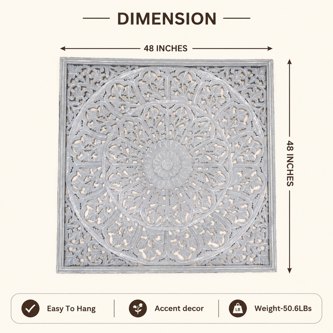 Mandala Wall Decor | Handcarved Wood Wall Art Panel, 48x48"