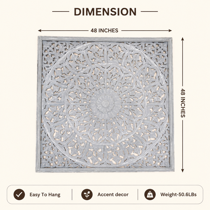 Mandala Wall Decor | Handcarved Wood Wall Art Panel, 48x48"