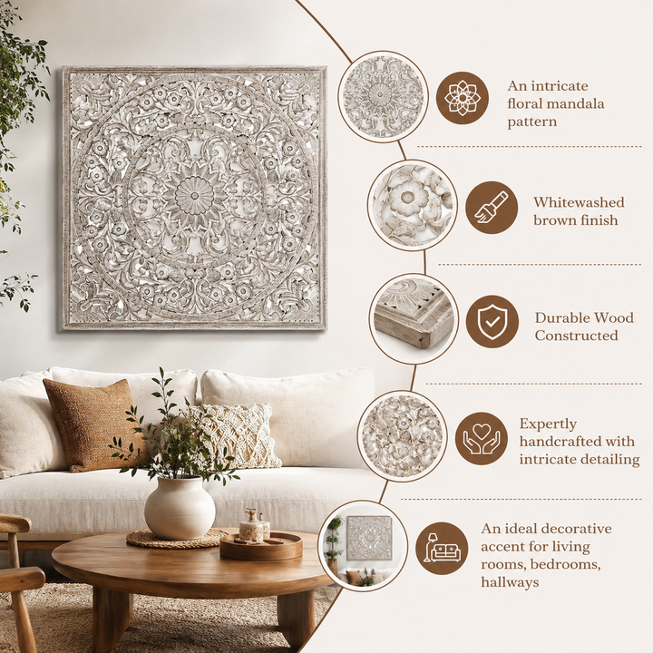 Mandala Hand Carved Wall Decor | Wooden Wall Art, 48 x 48"