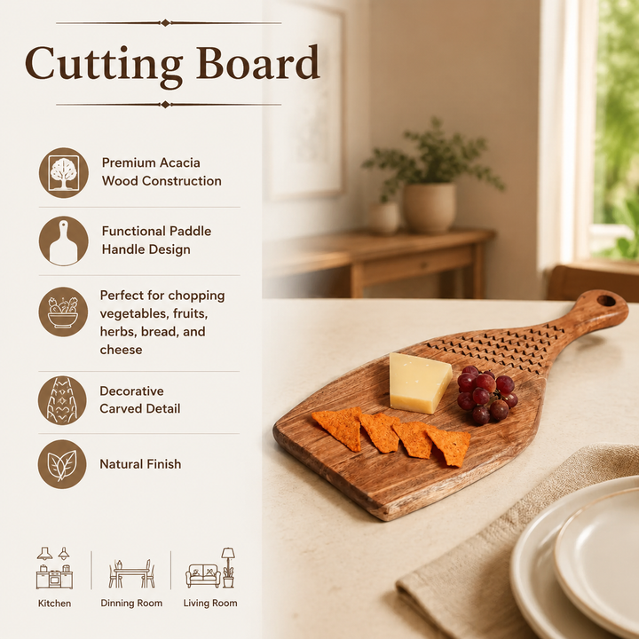 Acacia Wood Handmade Cutting Board with Handle, 7x0.75x16.5"