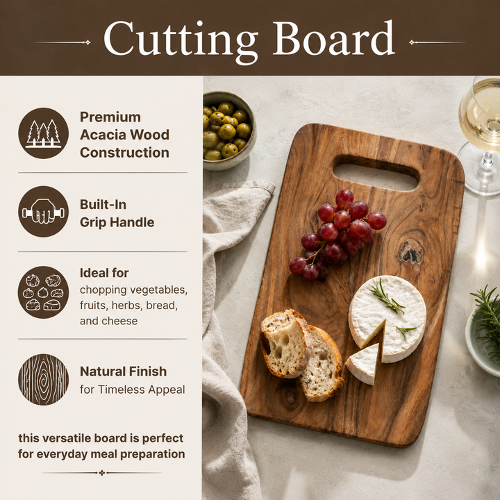 Acacia Wood Cutting Board with Built-In Handle, 8x0.75x12"
