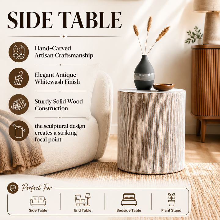 Hand Carved Wooden Stool Side Table | 18x18x22" | End Table