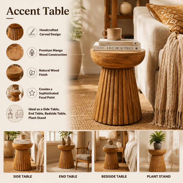 Hand Carved Mango Wood Accent Table Stool, 16x16x22"