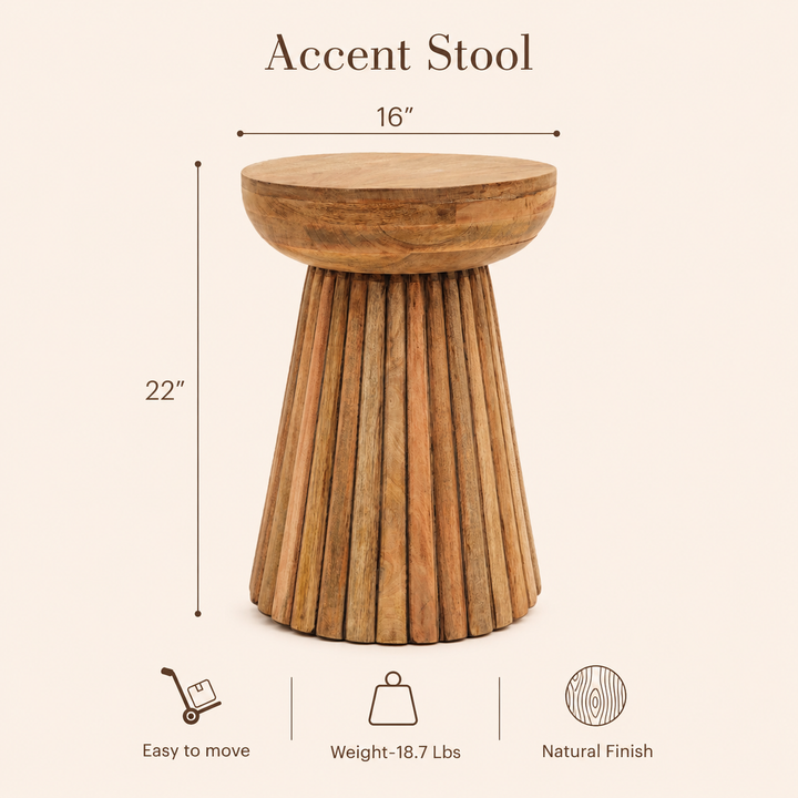 Hand Carved Mango Wood Accent Table Stool, 16x16x22"