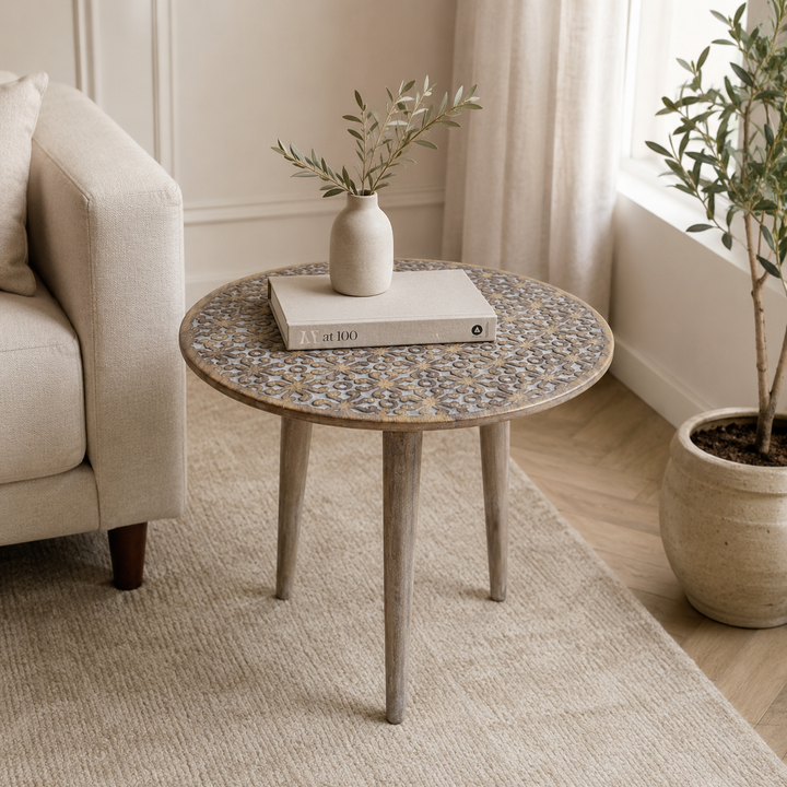 Handmade Mango Wood Round Accent Table, 21x21x22", Knockdown