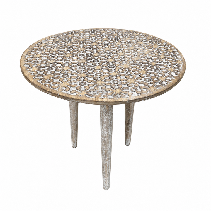 Handmade Mango Wood Round Accent Table, 21x21x22", Knockdown