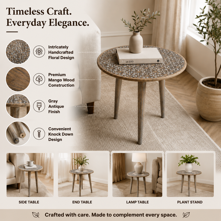Handmade Mango Wood Round Accent Table, 21x21x22", Knockdown