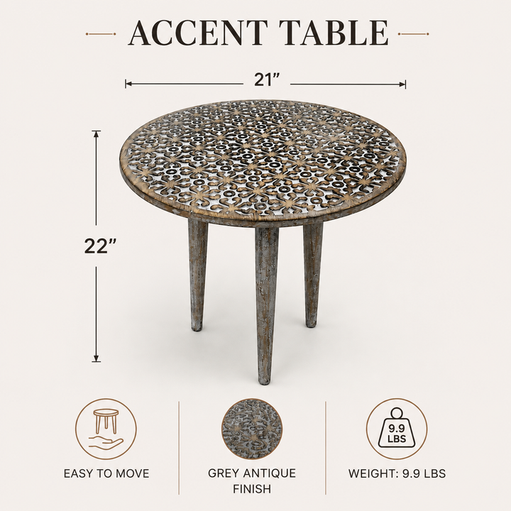 Handmade Mango Wood Round Accent Table, 21x21x22", Knockdown