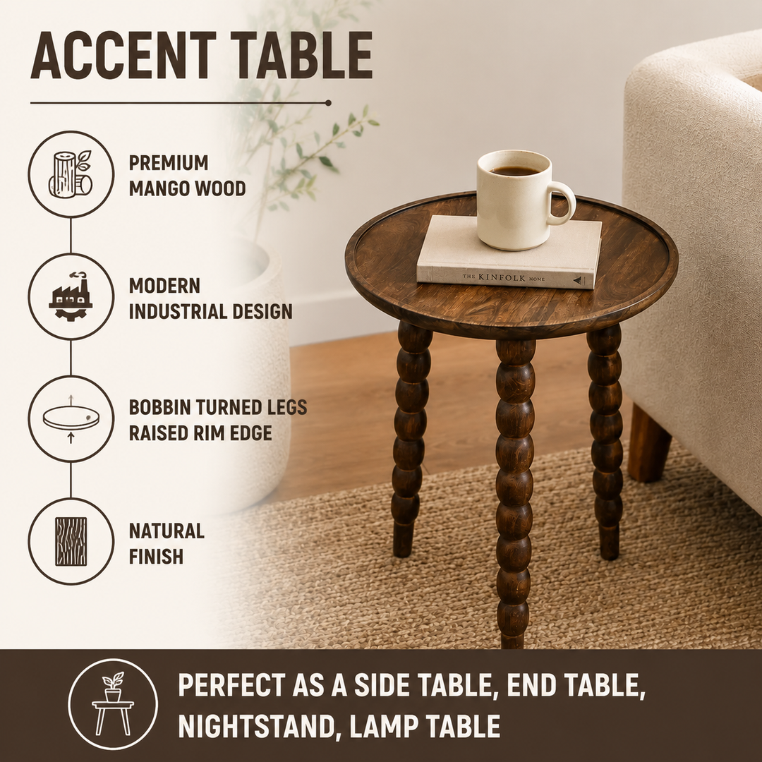 Mango Wood Round Accent Table, Knockdown