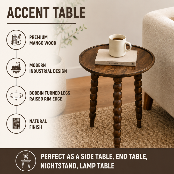 Mango Wood Round Accent Table, Knockdown