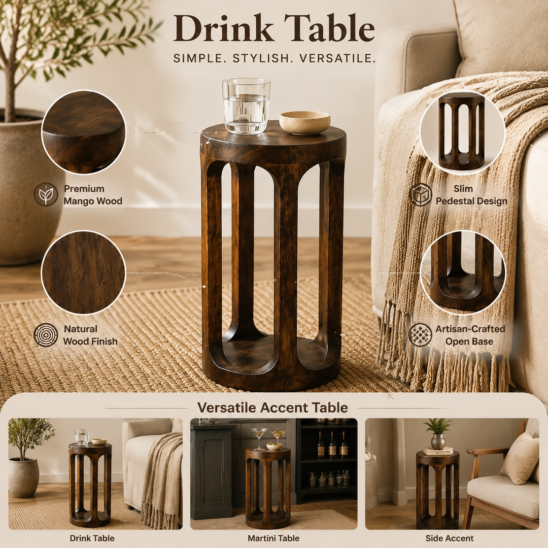 Mango Wood Drink Table | Handmade Round Table | 7.5x7.5x23"