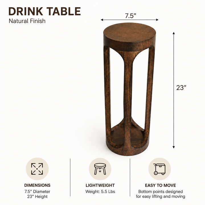Mango Wood Drink Table | Handmade Round Table | 7.5x7.5x23"