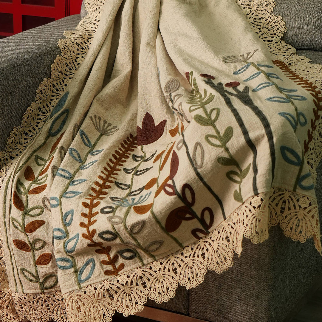 100% LINEN EMBROIDERY THROW Ivory White