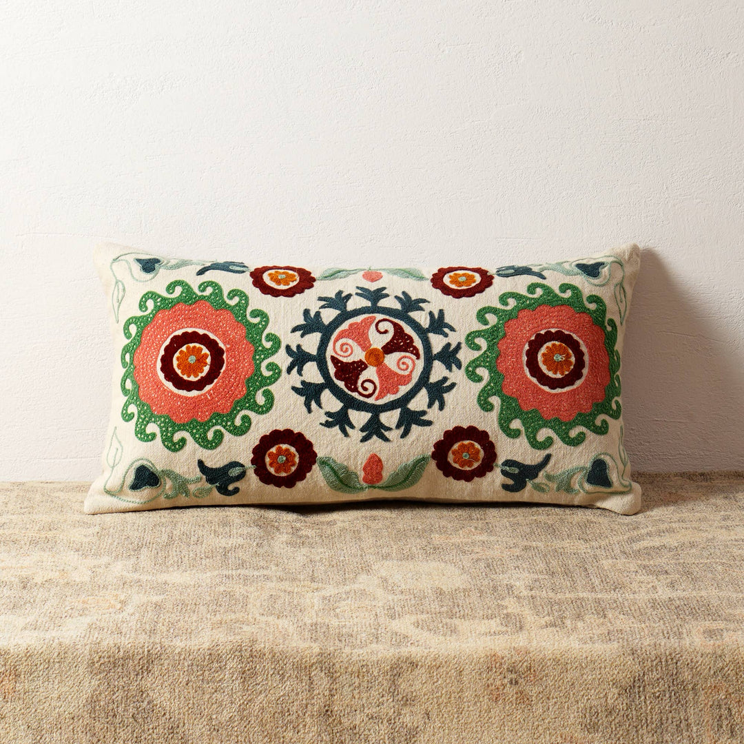 Suzani Embroidered Multicolor Lumbar Throw Pillow - 26" X 14"