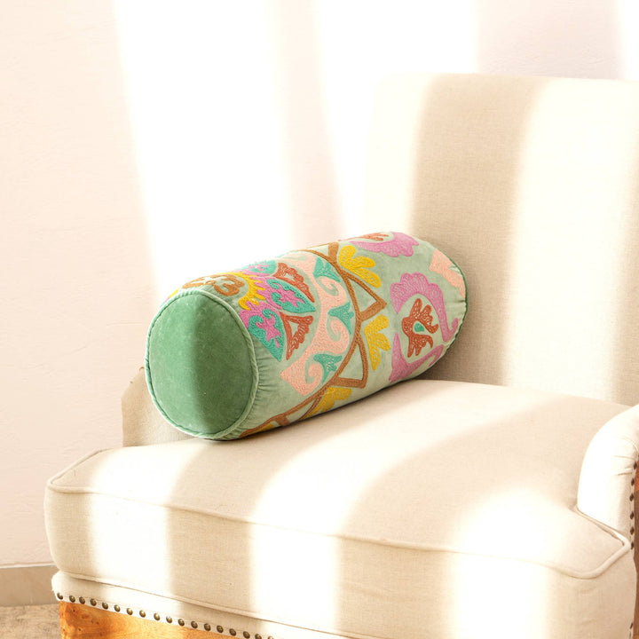 Decorative Suzani Embroidered Bolster Pillow - 21" X 8"