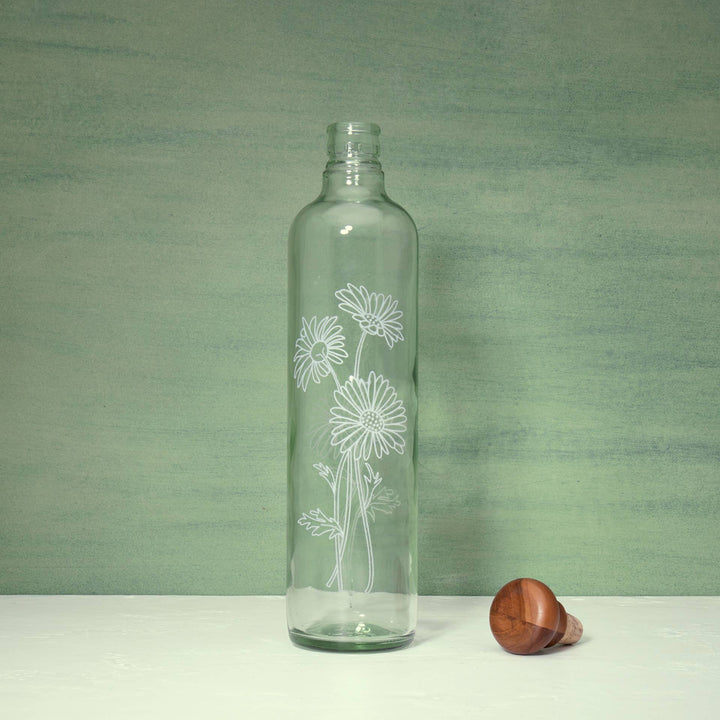 Daisy Glass Water Bottle With Wooden Stopper / Transparent / 750 Ml / Moq - 6 Pcs