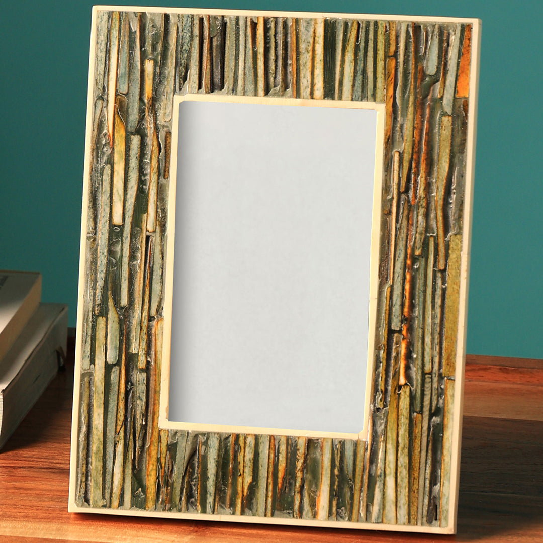 Inside/Outside White Resin Border, Green -Yellow Dyed Chiseled Bone Inlay Frame Size - 4X6/1.5