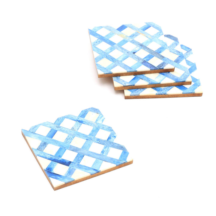 White/Blue Dyed Bone Inlaid Square Coaster Set - 4"x4", Set of 4
