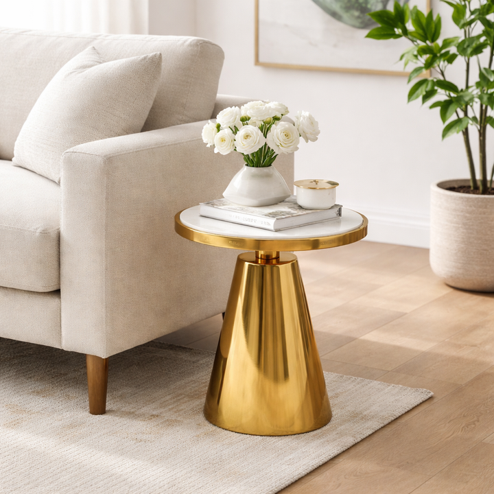 White Marble Side Table | Gold Metal Frame | Modern End Table | Home Decor Accent