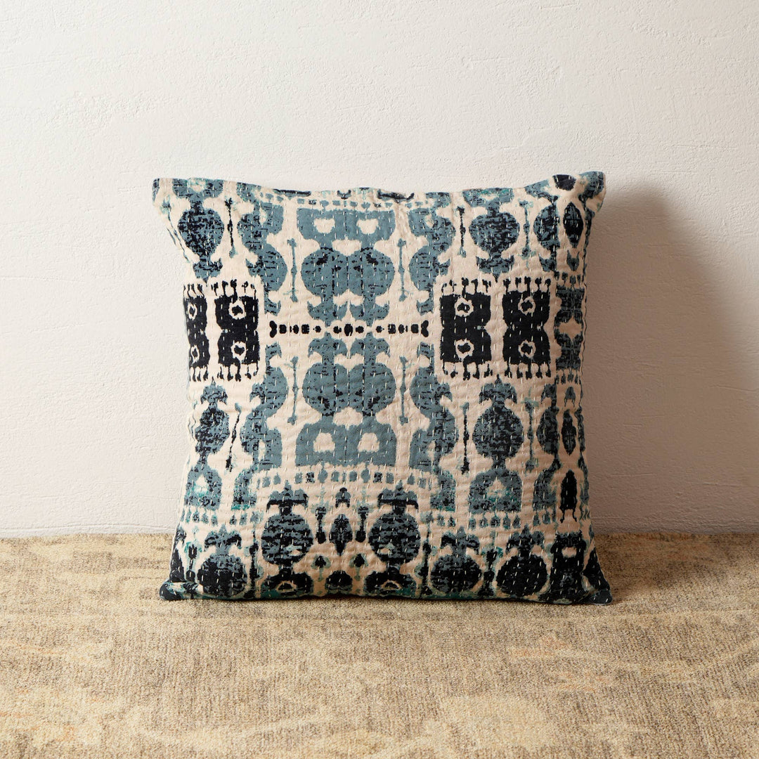 Dual Side Printed Throw Pillow with Kantha Embroidery - 18"X18"