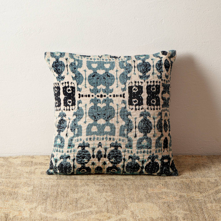 Dual Side Printed Throw Pillow with Kantha Embroidery - 18"X18"