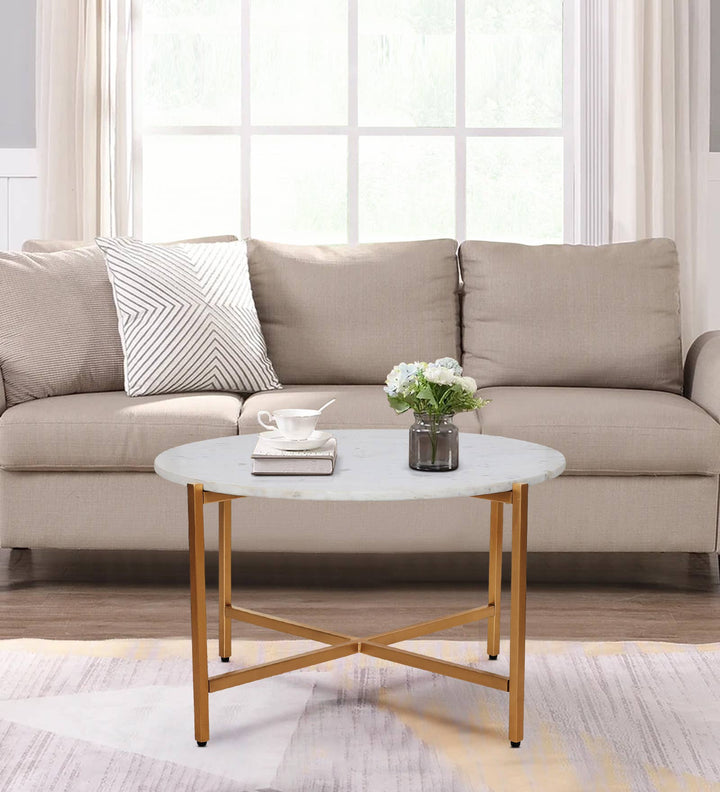 White Marble Coffee Table with Golden Metal Frame