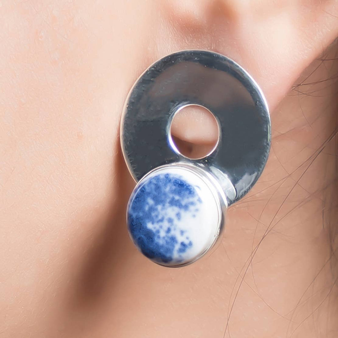 Oceanic Ceramic Stud Earrings / Silver & Blue - Brass / 1 X 0.75 Inches (L X W) / Moq - 4 Pairs