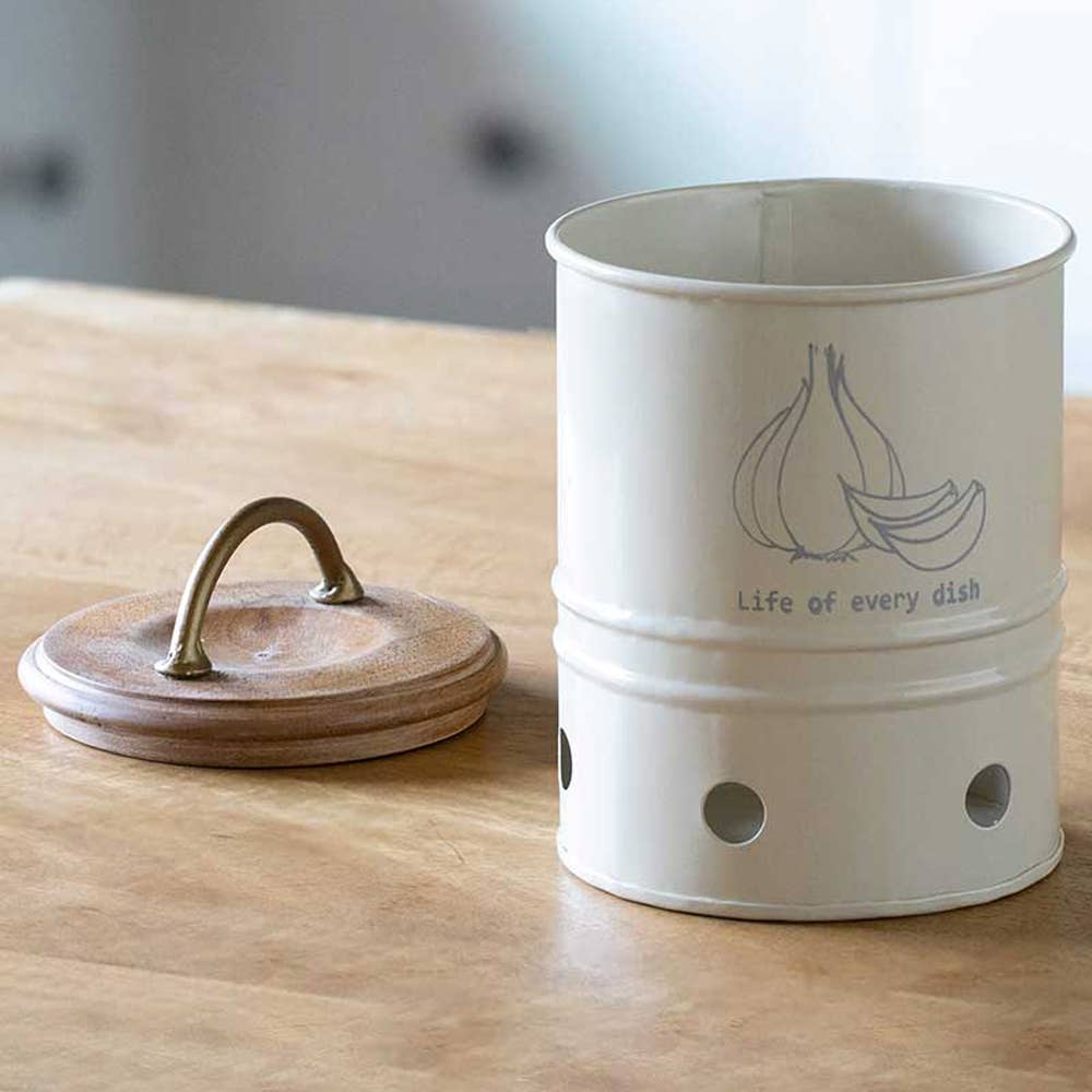 Metal Garlic Storage Bin With Wooden Lid