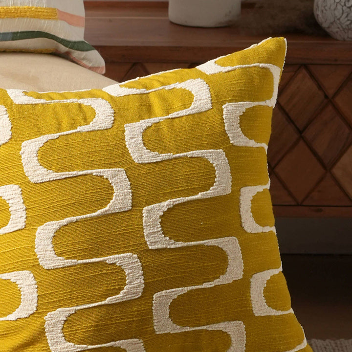 Groove Print Embroidered Pillow (Mustard & Ivory) 18"x18"