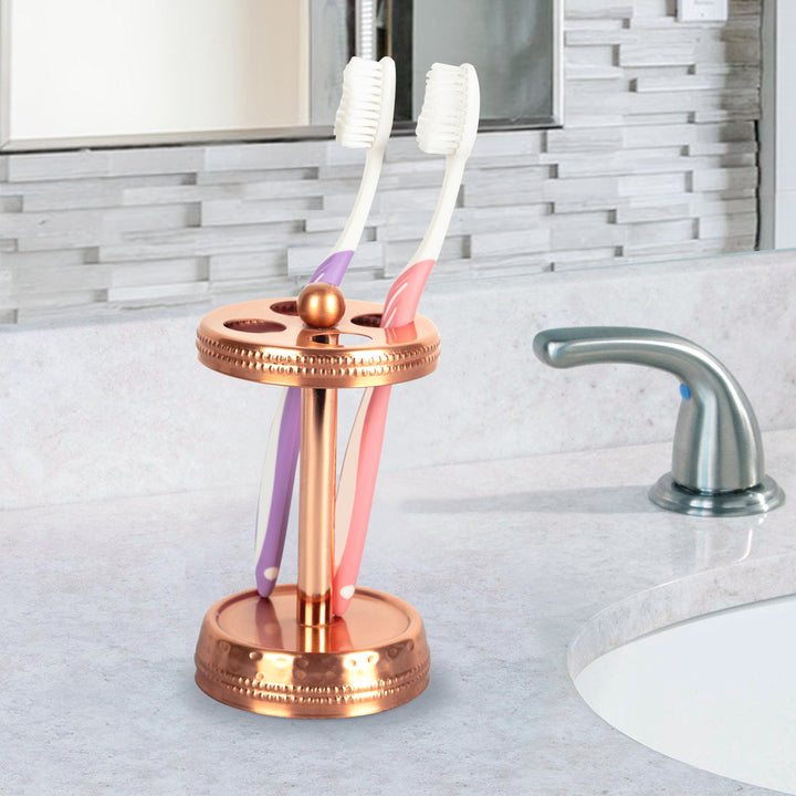 Metal Toothbrush Holder | Compact Multi-Slot Holder for Toothbrushes,Razors & Makeup Accessories | Hammered/Copper