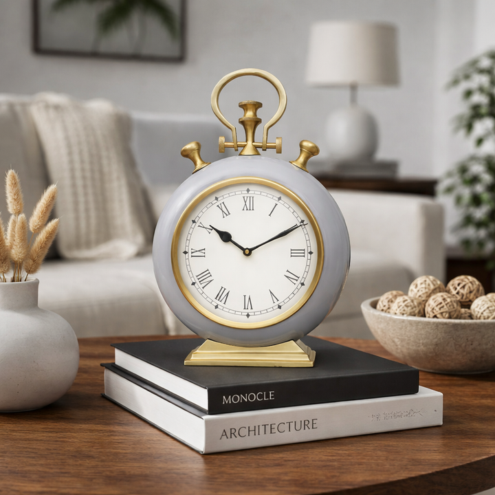 Accent Table Clock | Grey & Gold Aluminum Desk Clock | Stylish Modern Clock for Office and Home Decor