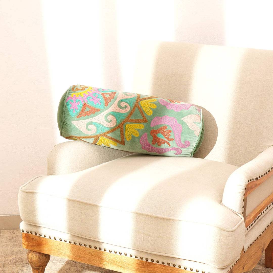 Decorative Suzani Embroidered Bolster Pillow - 21" X 8"