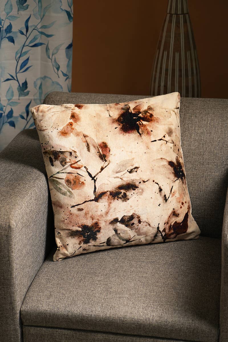 100% Cotton Velvet Printed Cushion Beige - Brown