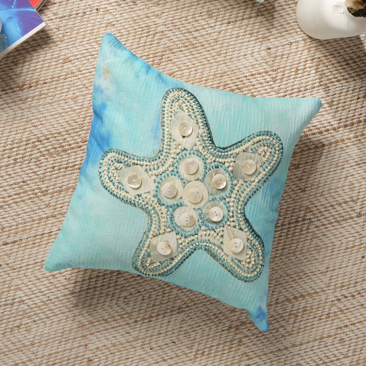 Print & Beadwork Starfish Pillow-Blue & Ivory 18"x18"