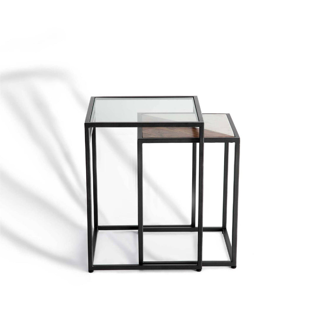 Nesting Table with Glass Top & Metal Legs, Small one is Wood