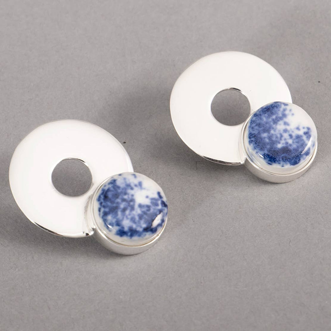 Oceanic Ceramic Stud Earrings / Silver & Blue - Brass / 1 X 0.75 Inches (L X W) / Moq - 4 Pairs