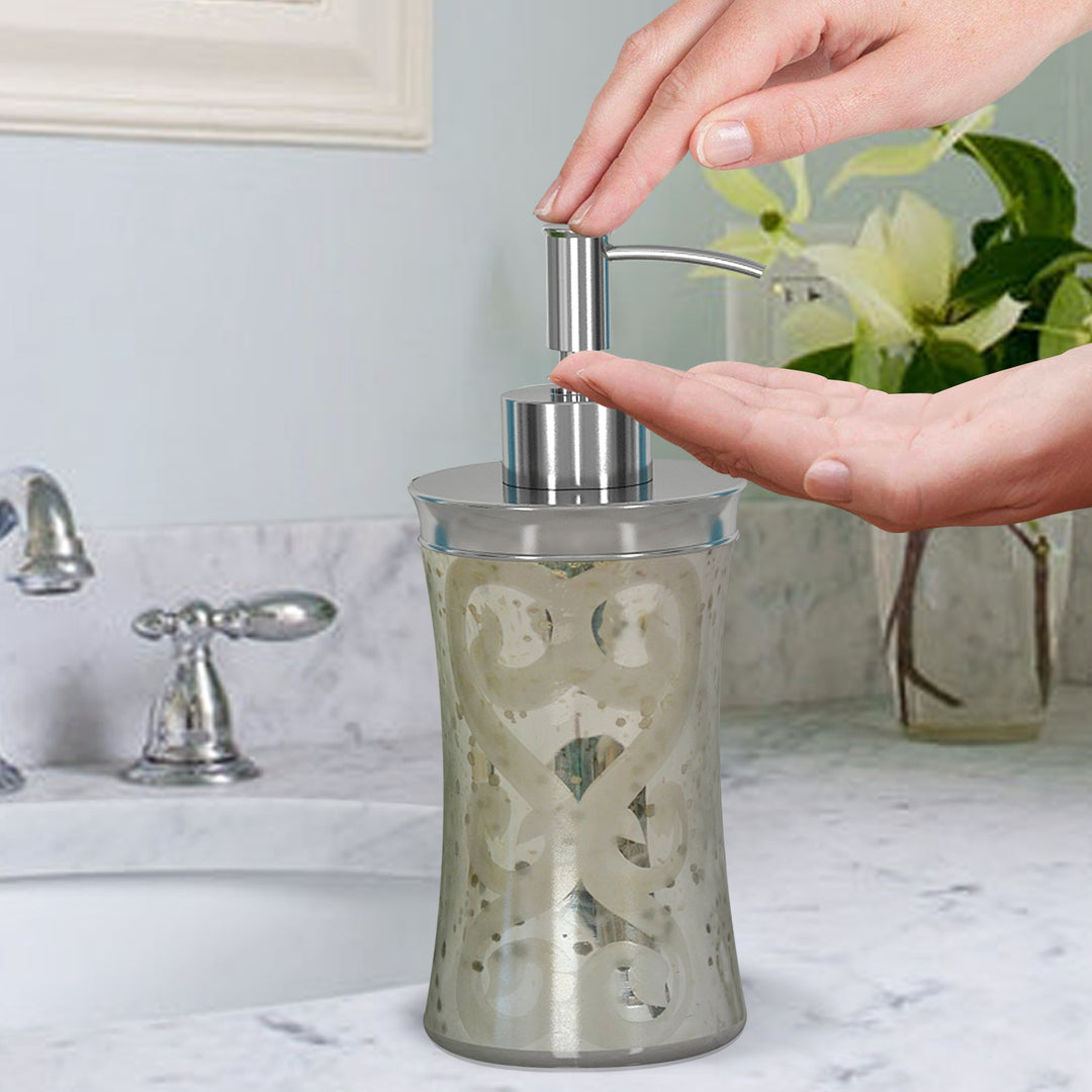 Mercury Glass Liquid Soap Dispenser Pump Bottle | Bathroom Vanity & Kitchen Sink,Holds Soap,Lotion & Sanitizer | Etched/Mercury