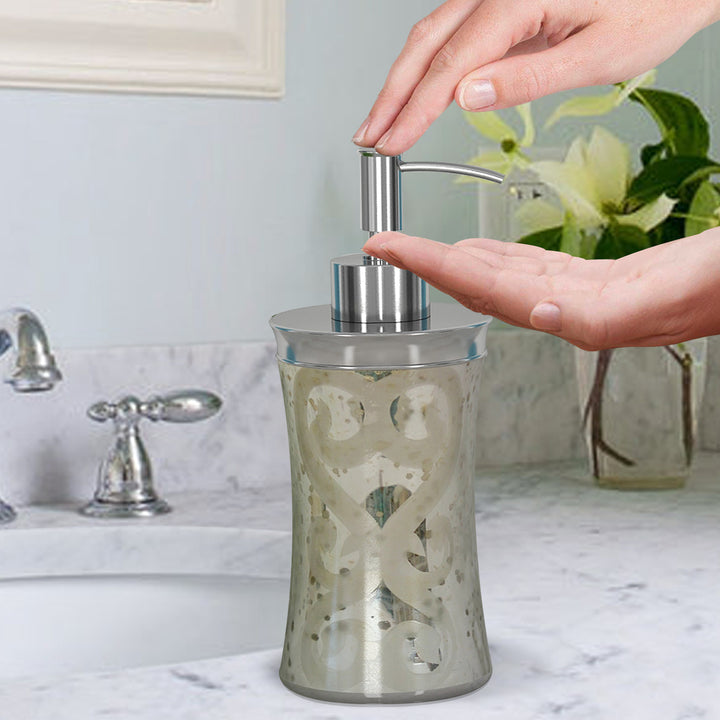 Mercury Glass Liquid Soap Dispenser Pump Bottle | Bathroom Vanity & Kitchen Sink,Holds Soap,Lotion & Sanitizer | Etched/Mercury
