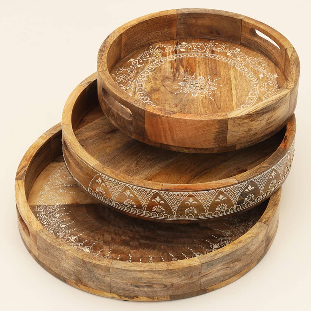 Round Wooden Tray (Nested) - Set of 3 Pcs - Natural Finish