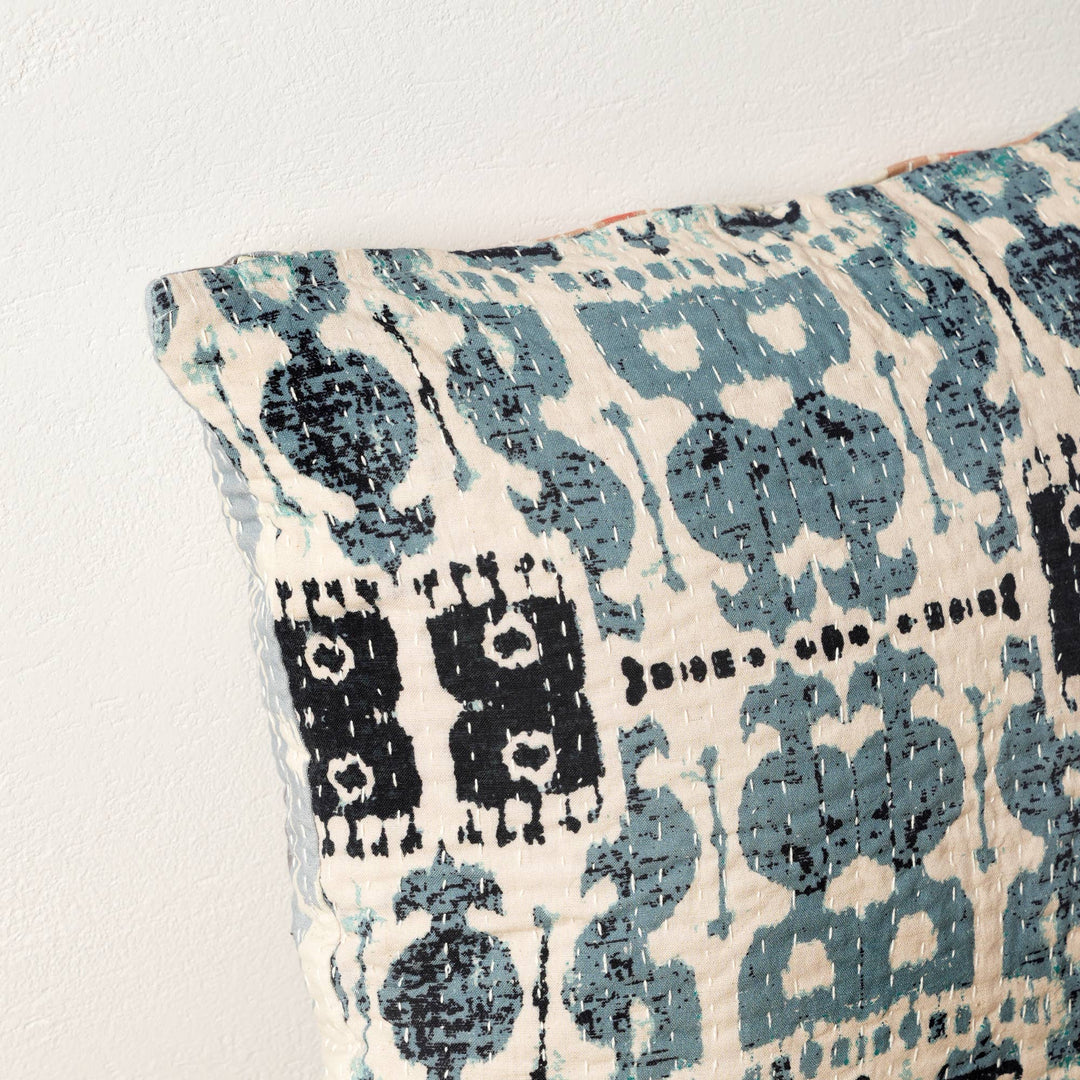Dual Side Printed Throw Pillow with Kantha Embroidery - 18"X18"