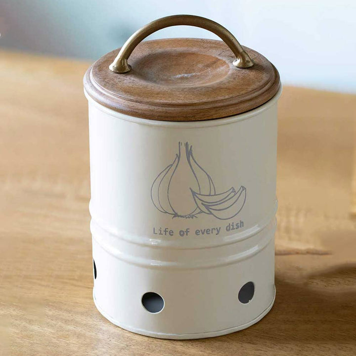 Metal Garlic Storage Bin With Wooden Lid